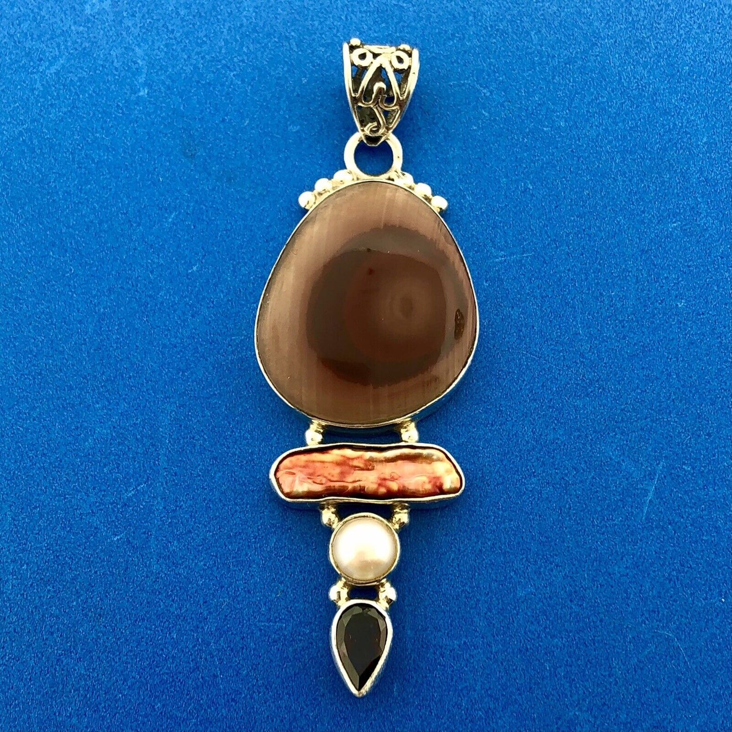 Sterling Silver 925 Carnelian Jasper MOP Garnet Pearl Statement Pendant