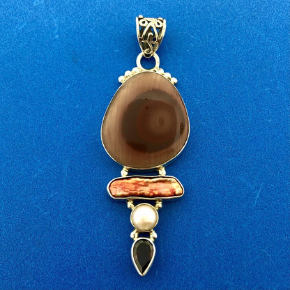 Sterling Silver 925 Carnelian Jasper MOP Garnet Pearl Statement Pendant