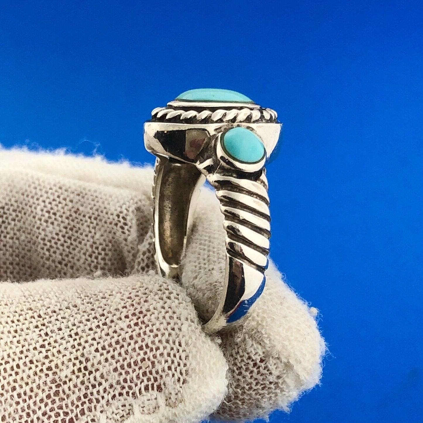 Designer 925 Sterling Silver Turquoise Cabochon Balinese Style Ring
