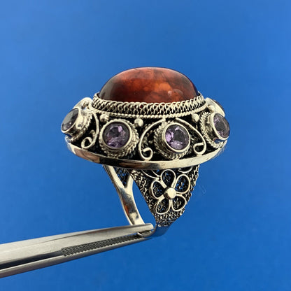 Designer 925 Sterling Silver Amber Cabochon Amethyst Accented Statement Ring