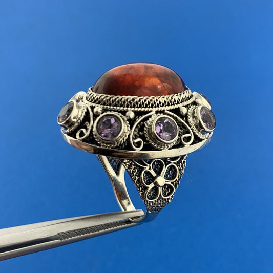 Designer 925 Sterling Silver Amber Cabochon Amethyst Accented Statement Ring