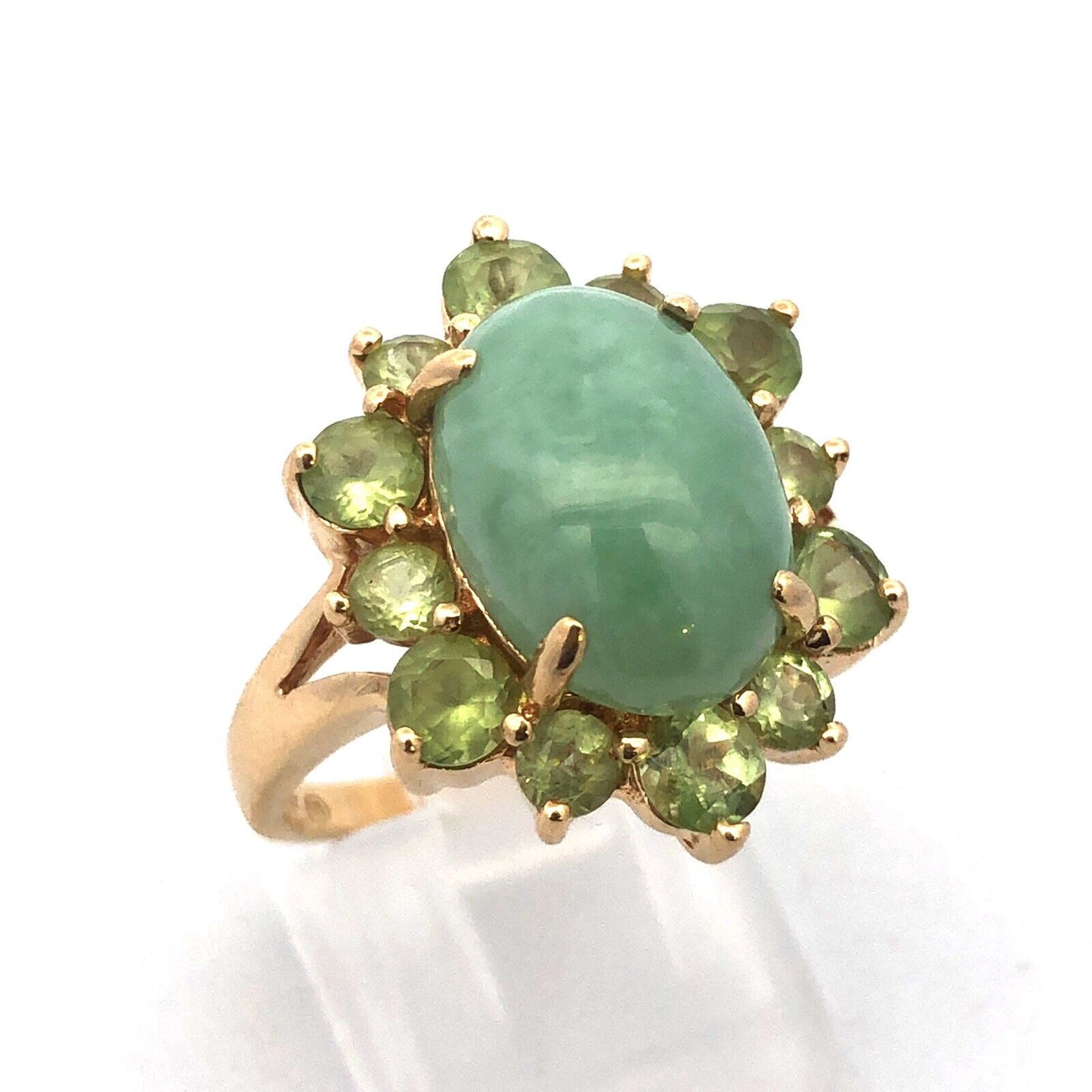 Designer EA 14K Yellow Gold Jade Cabochon Peridot Halo August Anniversary Ring