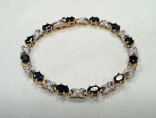 Retro Sterling Silver Vermeil 925 Oval Sapphire X O Two Toned Tennis Bracelet