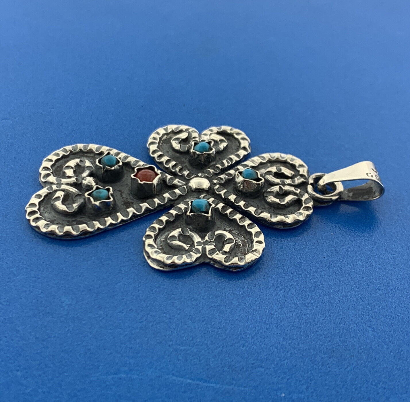 Taxco Mexico Designer Sterling Silver 925 Turquoise Coral Clover Cross Pendant