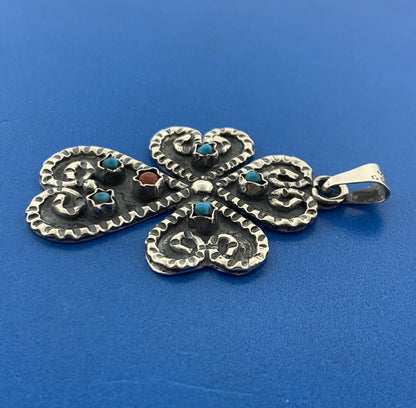 Taxco Mexico Designer Sterling Silver 925 Turquoise Coral Clover Cross Pendant