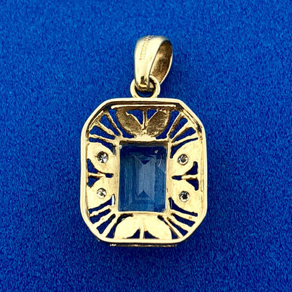 Stunning 10K Yellow White Gold Blue Topaz Diamond Filigree Charm Pendant