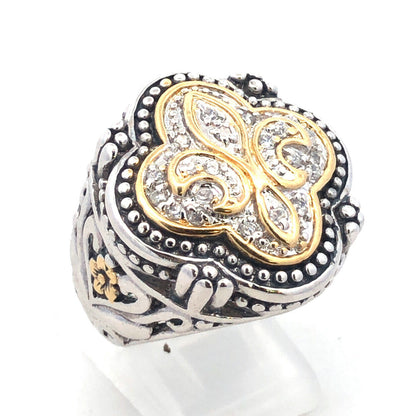 925 Sterling Silver Two Tone Cubic Zirconia Fleur De Lis Statement Ring