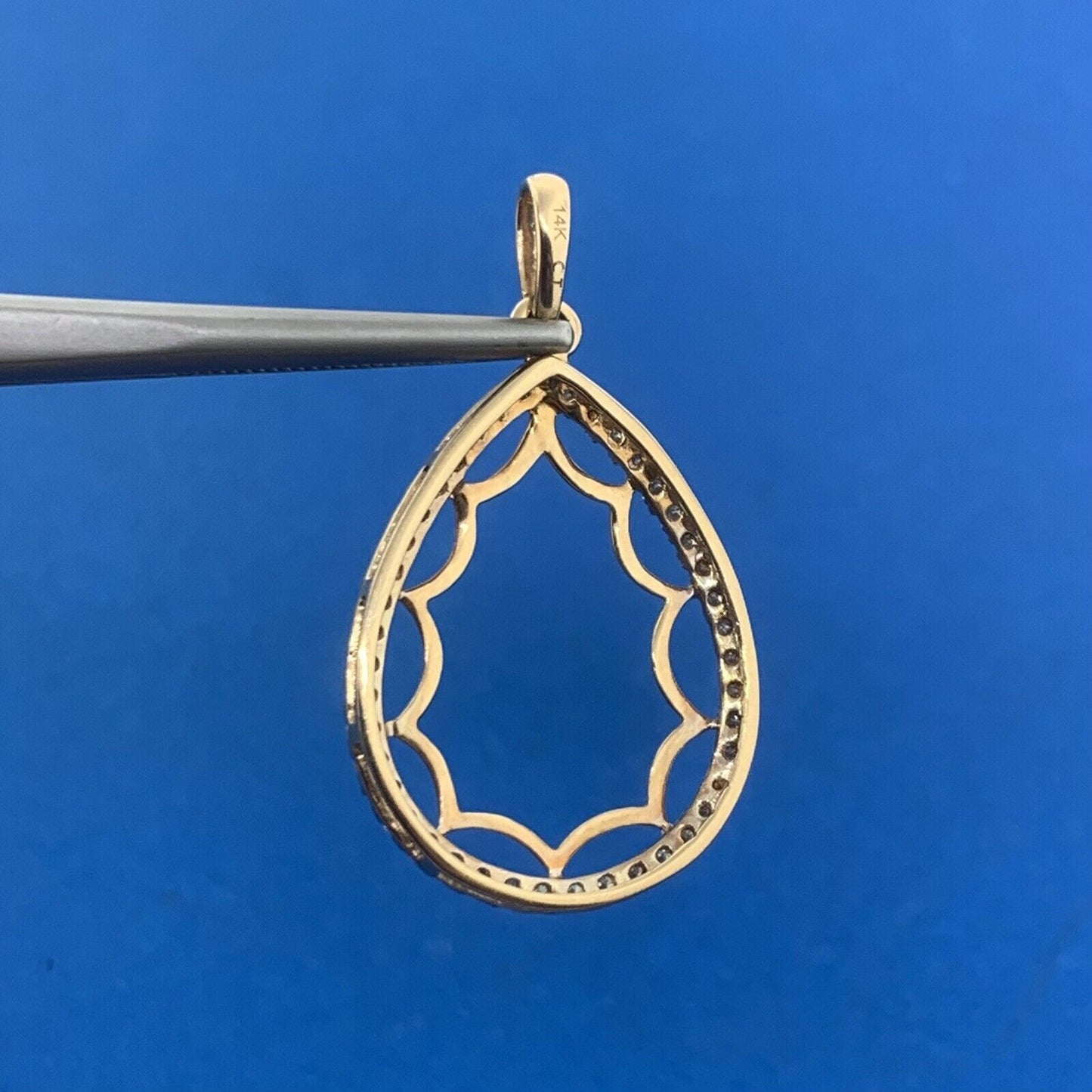 Designer 14K Yellow Gold Round Diamond Accented Teardrop Statement Pendant