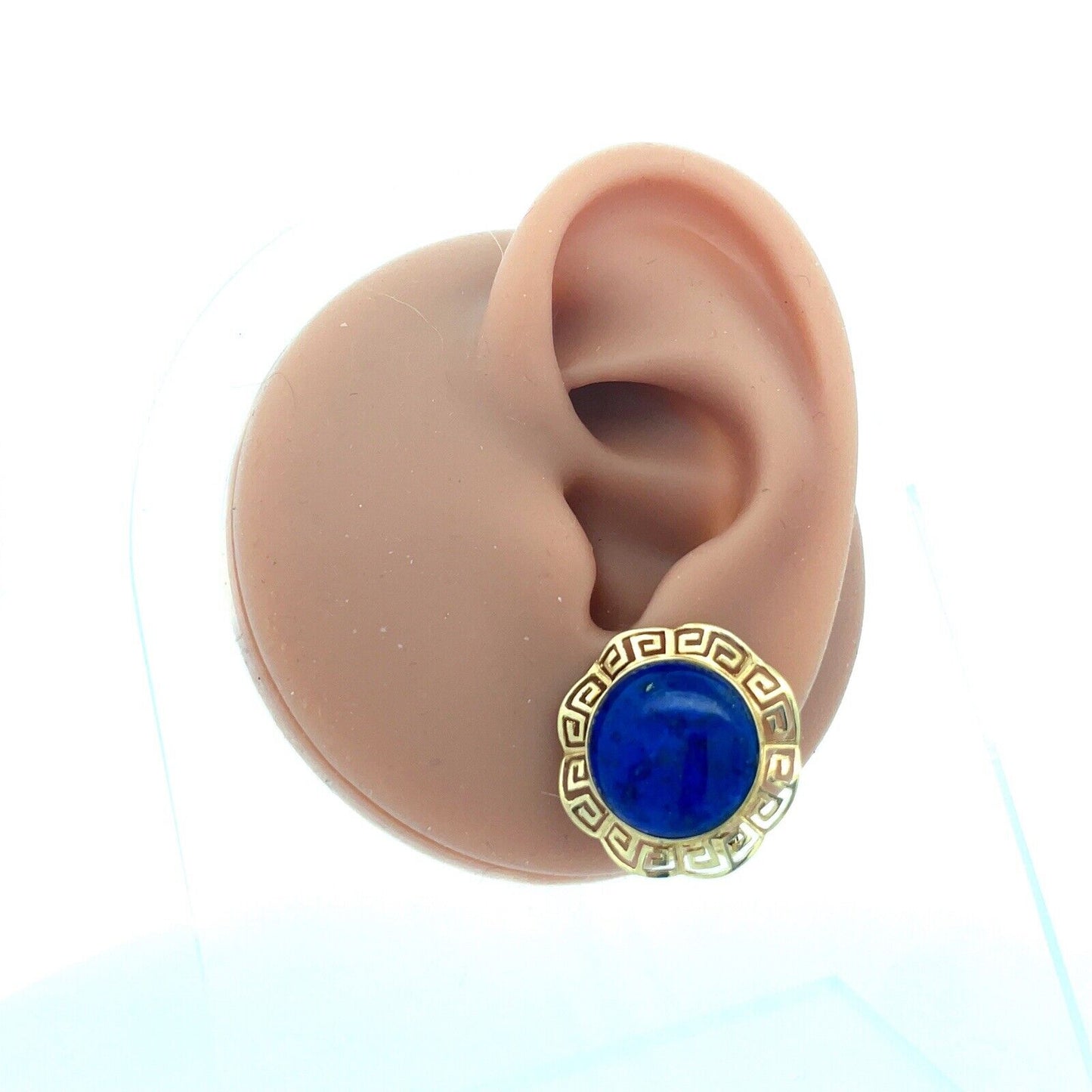 14K Yellow Gold Lapis Lazuli Cabochon Statement Omega Back Earrings