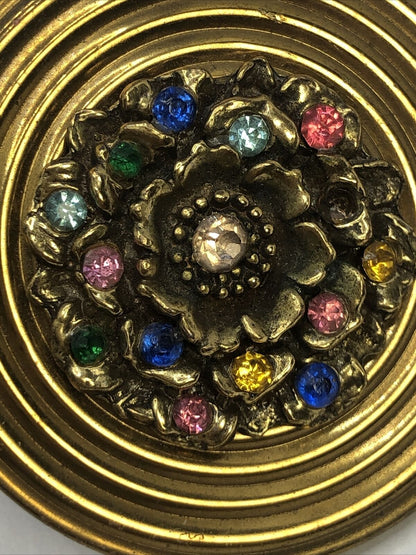 Mid Century Gold Tone Rhinestone Flower Lipstick Mirror Compact Case