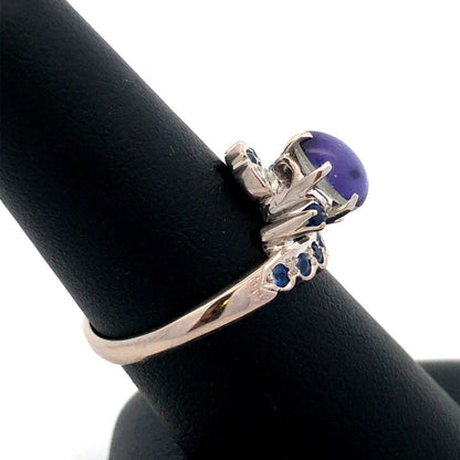 Estate 18K White Gold Oval Amethyst Cabochon Sapphire Accents Solitaire Ring