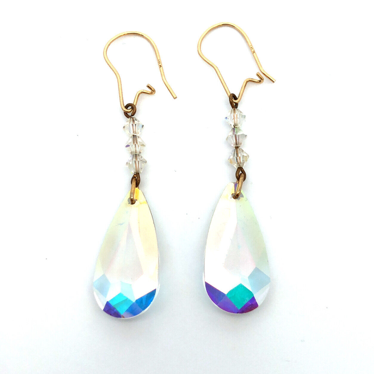 14K Yellow Gold Faceted Crystal Bead Dangle Hook Earrings