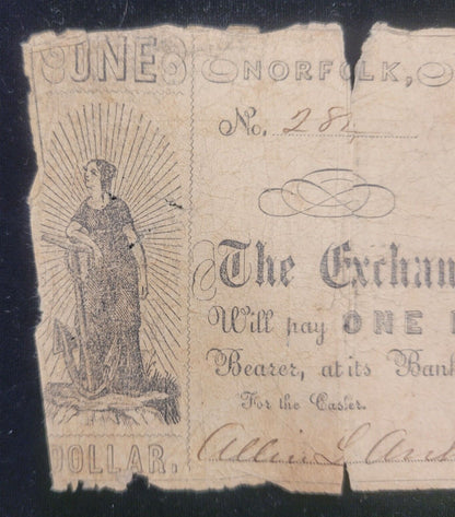 1862 $1 Exchange Bank of Virginia, Norfolk, VA Obsolete Currency Bank Note