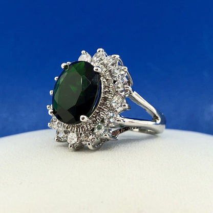 Retro Sterling Silver 925 Green White CZ Statement Fashion Cocktail Ring