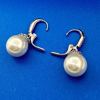 Elegant Silver Tone Faux Pearl Cubic Zirconia Drop Dangle Ball Earrings