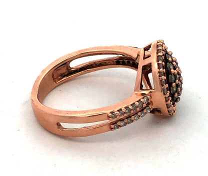 Estate 14K Rose Gold Round Chocolate Diamond Pave Cluster Halo Cocktail Ring