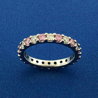 Stunning Sterling Silver 925 Round Cut Pink White Sparkling CZ Band Ring Size 6