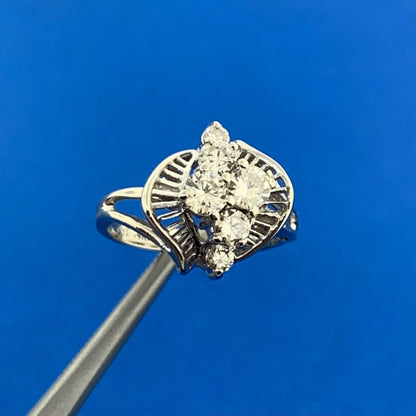 Retro 14K White Gold Diamond Waterfall Modernist Engagement Cocktail Sz 4 Ring