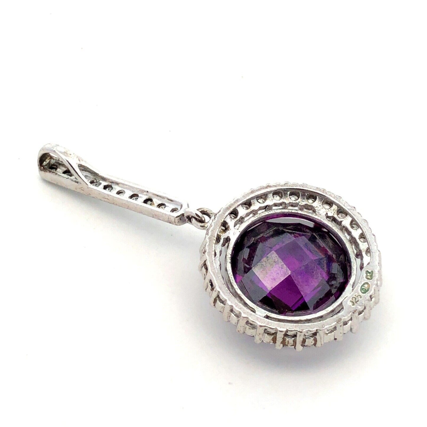 Designer 925 Sterling Silver Purple Cushion Cut CZ Round White CZ Halo Pendant