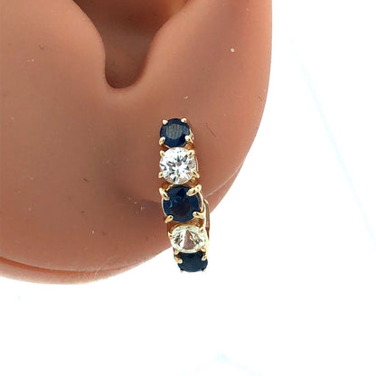 Designer 14K Yellow Gold Round Blue White Sapphire Half Hoop Drop Stud Earrings