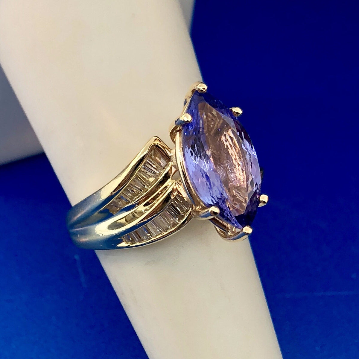 Designer 14K Yellow Gold Tanzanite Marquise Solitaire Diamond Accent Ring