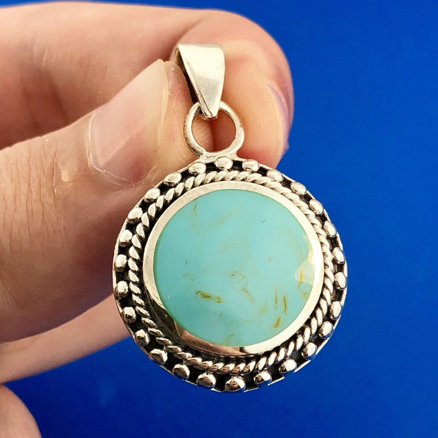Designer 925 Sterling Silver Turquoise Art Glass Cabochon Bead Work Disc Pendant