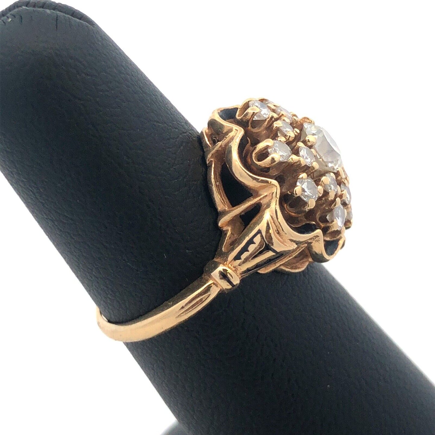 Gorgeous 14k Yellow Gold Diamond Black Enamel Georgian Cluster Ring Size 6.0