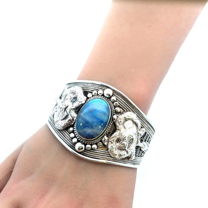 925 Sterling Silver Blue Opal Dragon Filigree Detailed Wide Cuff Bracelet