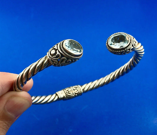 Designer ATI Sterling Silver Blue Topaz Heart Scroll Cable Hinged Cuff Bracelet