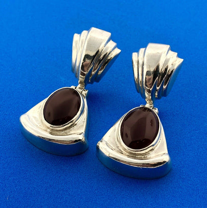 Vintage Taxco TR-126 Sterling 925 Silver Oval Carnelian Cabochon Dangle Earrings