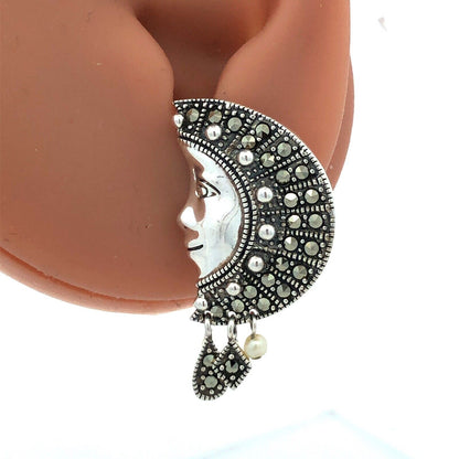 Designer A 925 Sterling Silver Marcasite Pearl Man In Moon Dangle Stud Earrings