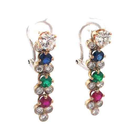 Designer 14K Yellow White Gold Diamond Sapphire Ruby Emerald Omega Back Earrings