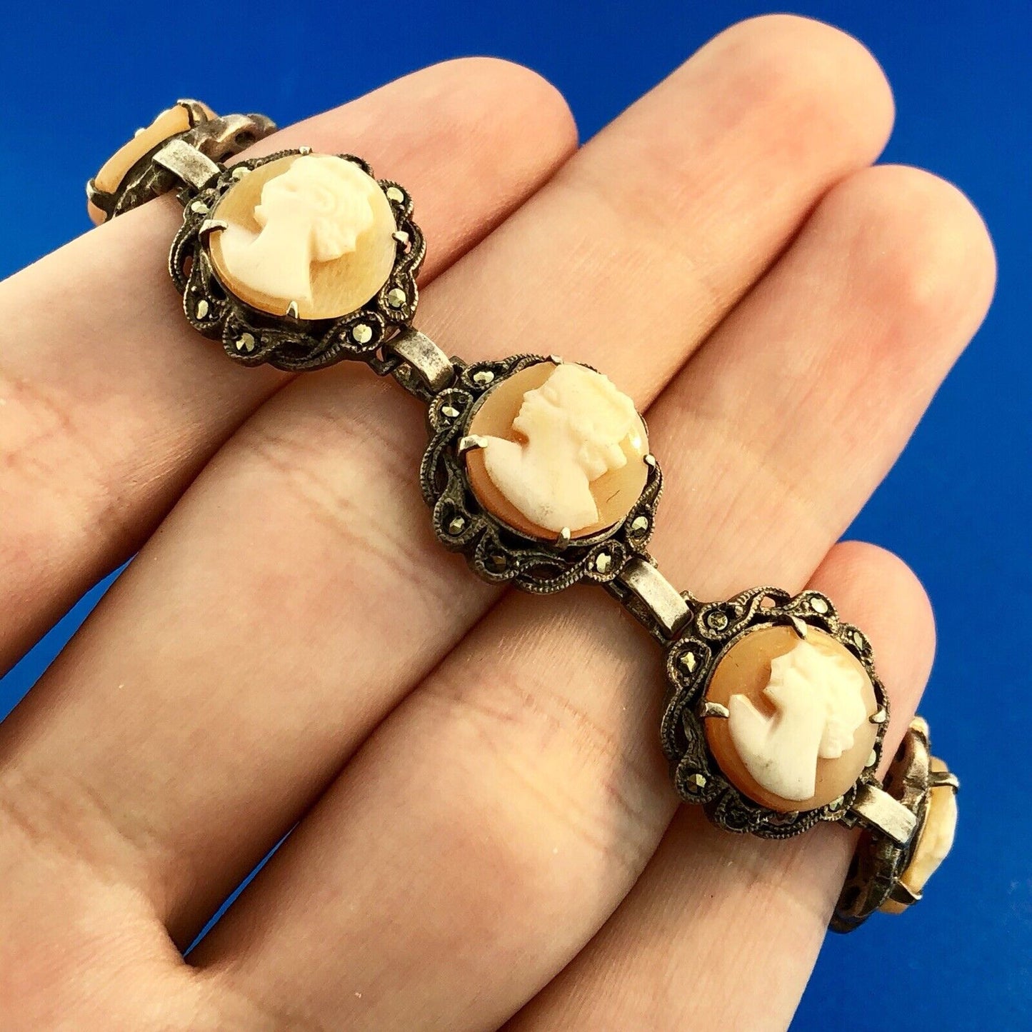 Art Deco Sterling Silver 925 Carved Cameo Marcasite Accented Panel Bracelet