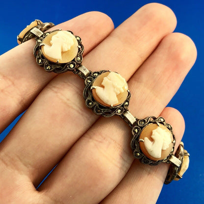 Art Deco Sterling Silver 925 Carved Cameo Marcasite Accented Panel Bracelet