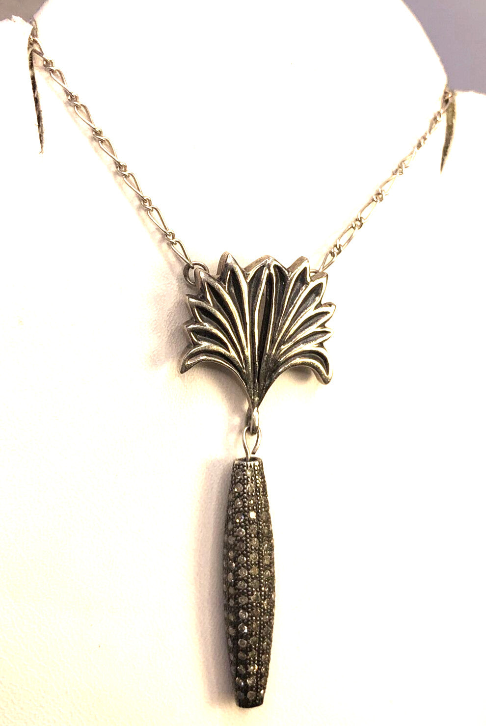 Designer Mignon Faget 925 Sterling Silver Diamond Acanthus Leaf Pendant Necklace