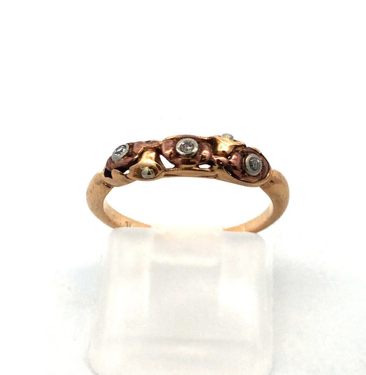 Vintage 14K Yellow Rose Gold Diamond Flower Textured Band Ring