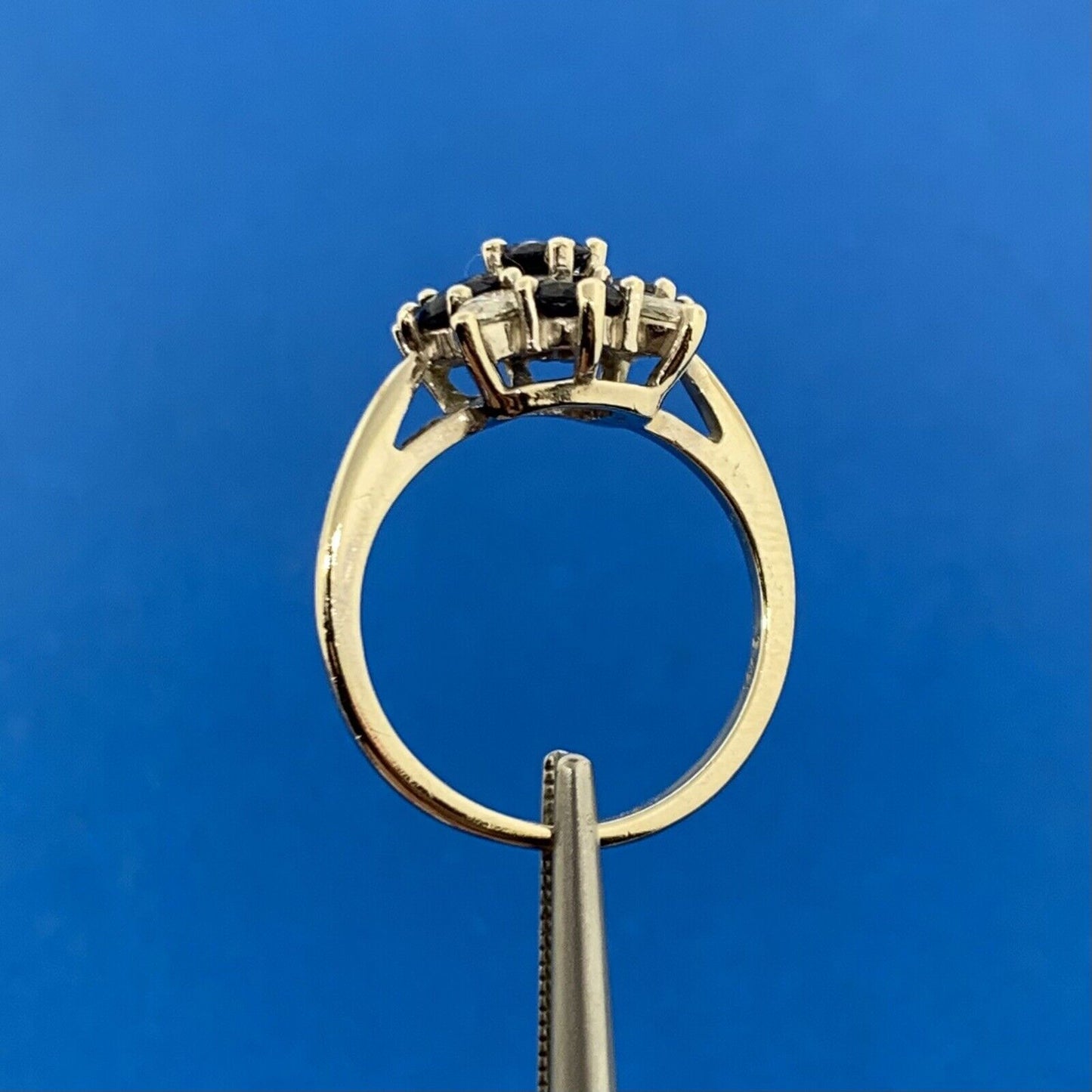 Designer 14K White Gold Sapphire Diamond Floral Cluster Cocktail Ring