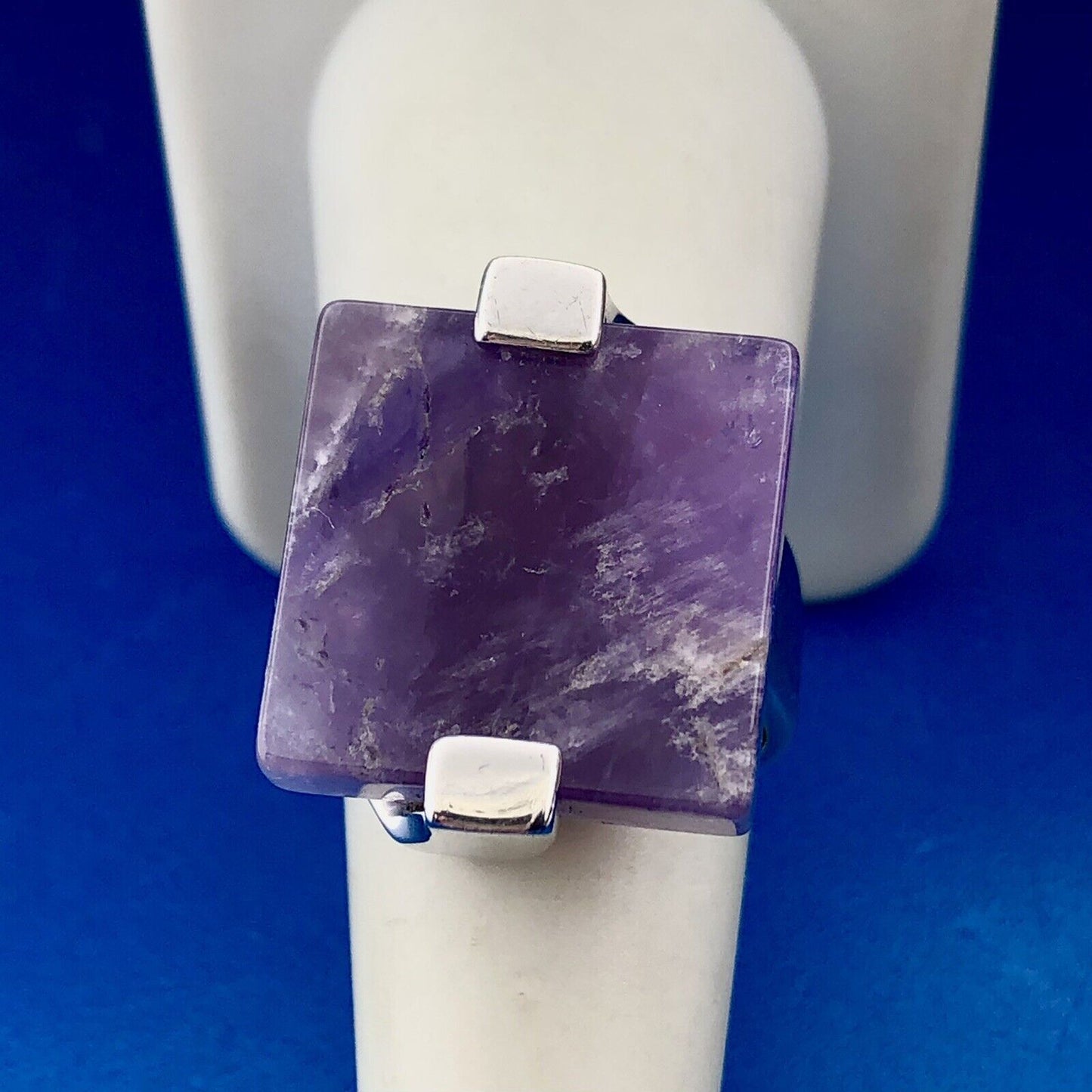 Stunning Sterling Silver 925 Square Cut Purple Amethyst Slab Ring Size 8.25
