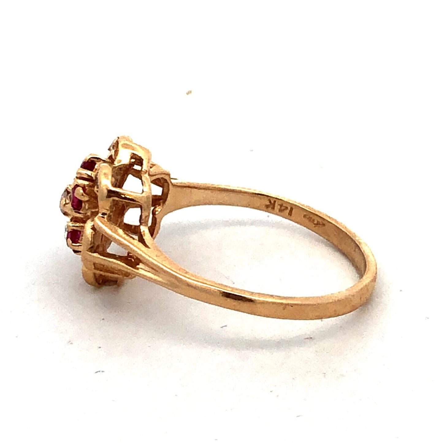 Designer HJW 14K Yellow Gold Round Diamond Ruby Flower Cocktail Ring