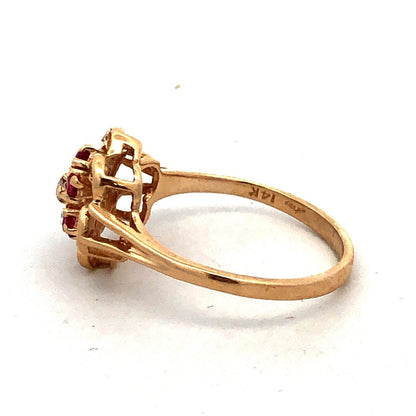 Designer HJW 14K Yellow Gold Round Diamond Ruby Flower Cocktail Ring
