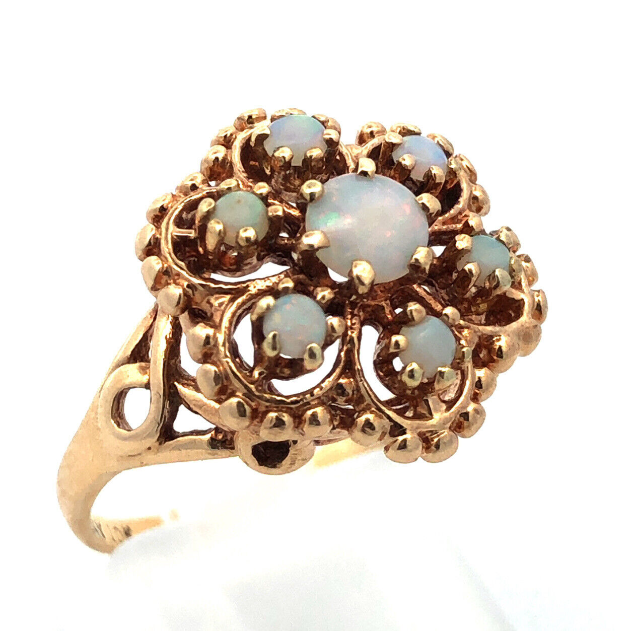 Designer ROMANY 10K Yellow Gold Opal Cabochon Flower Bead Detail Cocktail Ring