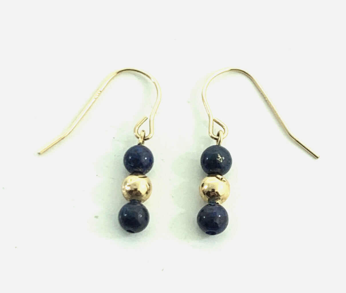 Designer 14K Yellow Gold Lapis Lazuli Bead & Gold Ball Drop Dangle Hook Earrings