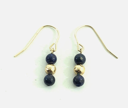 Designer 14K Yellow Gold Lapis Lazuli Bead & Gold Ball Drop Dangle Hook Earrings