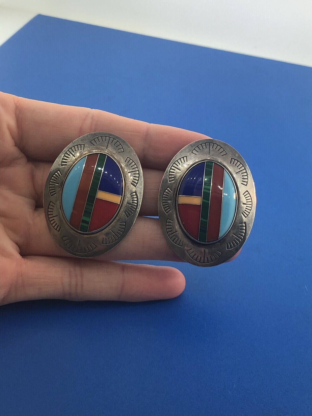 Native American Artisan Sterling Silver Turquoise MultiGem Inlay Concho Earrings