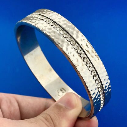 Designer Silver Tone Cubic Zirconia CZ Hammered Statement Bangle Bracelet