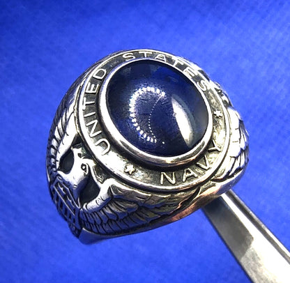 Designer Sterling Silver Oval Blue Glass United States Navy Insignia Dome Ring