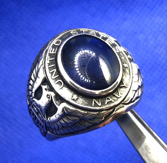 Designer Sterling Silver Oval Blue Glass United States Navy Insignia Dome Ring