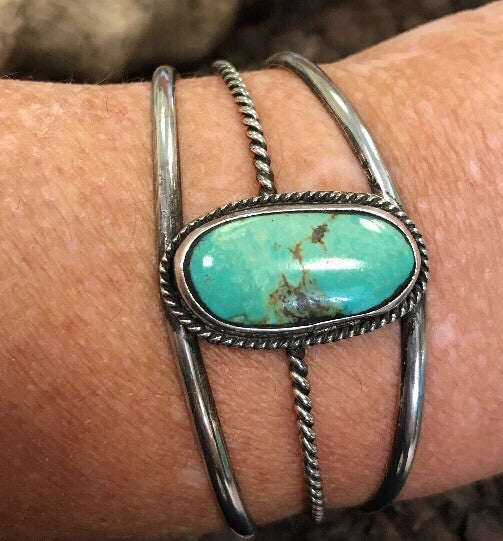 Native American Sterling Silver Oval Green Royston Turquoise Split Cuff Bracelet