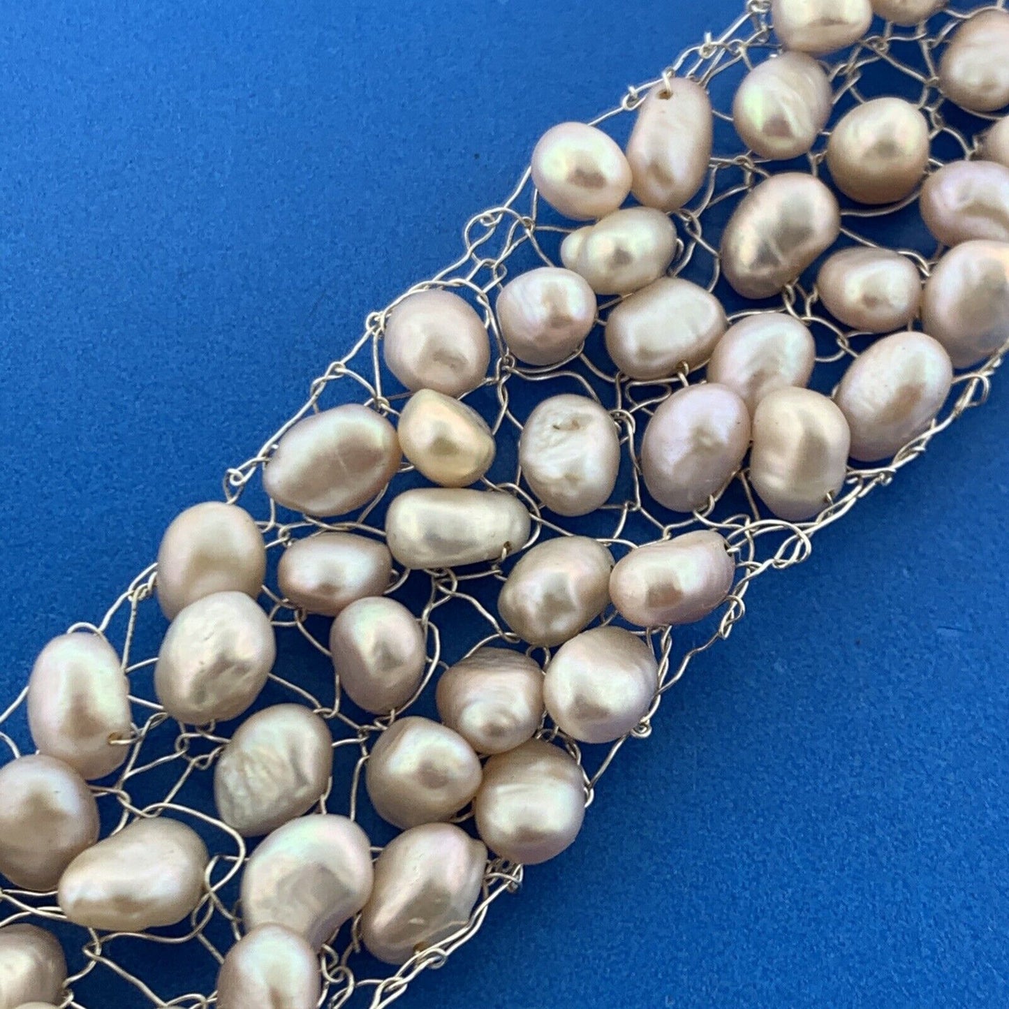 Artisan 925 Sterling Pink Pearl Mesh Statement Wide Cuff Bracelet