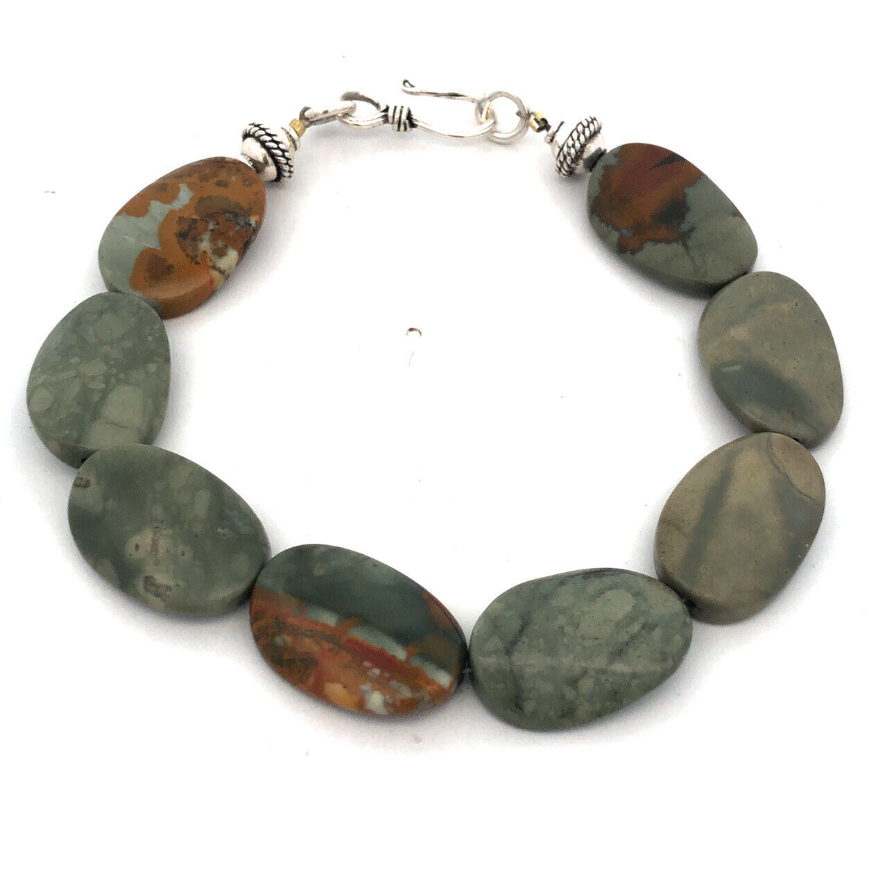 925 Sterling Silver Estate Oval Multicolor Green Bloodstone Beaded Hook Bracelet